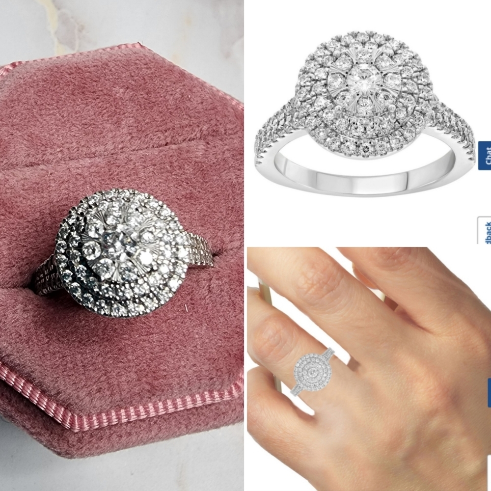 1ct tw Round double halo diamond 10k engagement ring